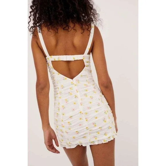 For Love & Lemons Celia Floral Embroidered Shirred Lace-Up Mini Dress XS - Picture 9 of 14